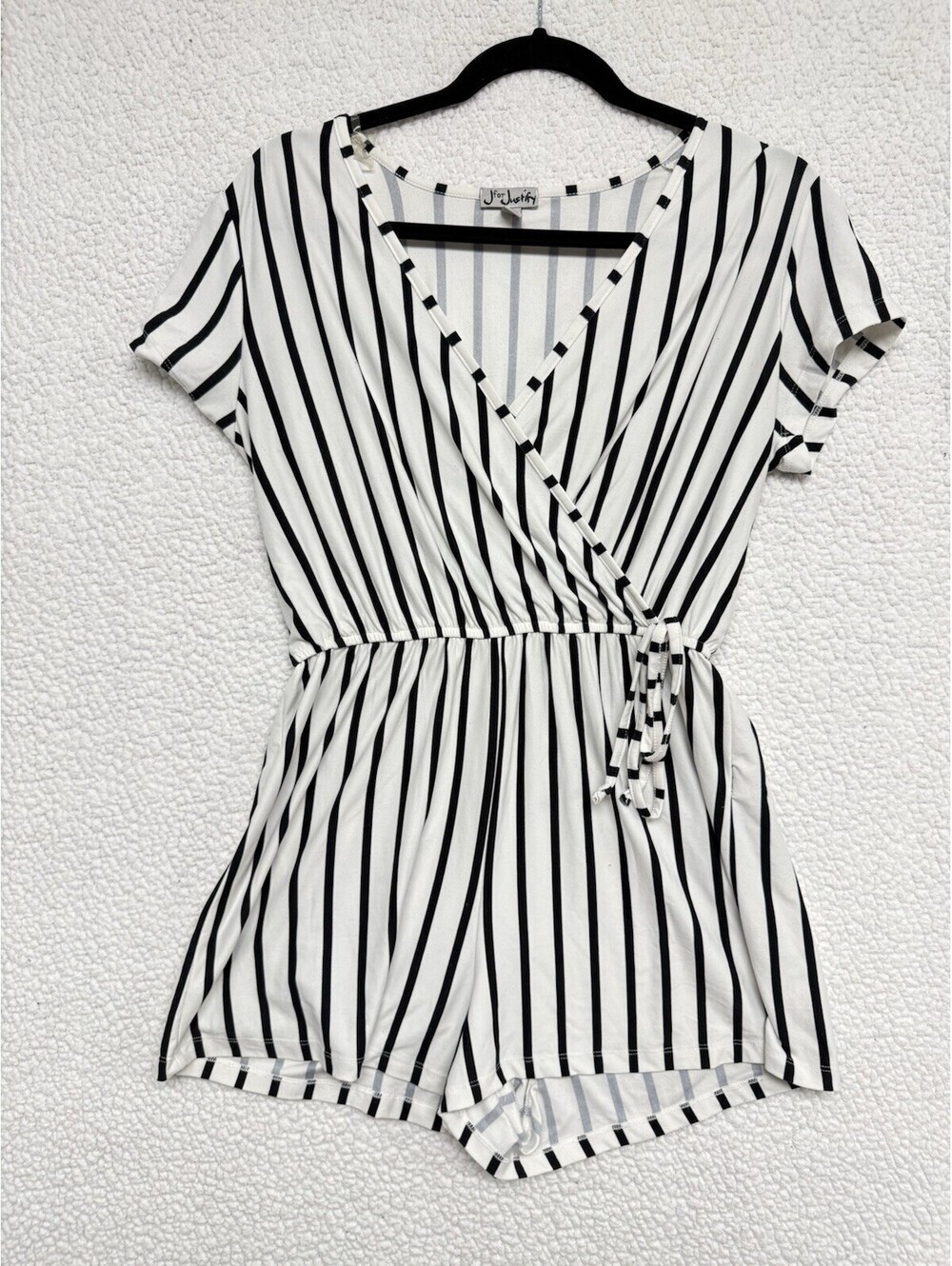 J for Justify Womens M Black White Vertical Stripe Surplice Wrap Romper Shorts